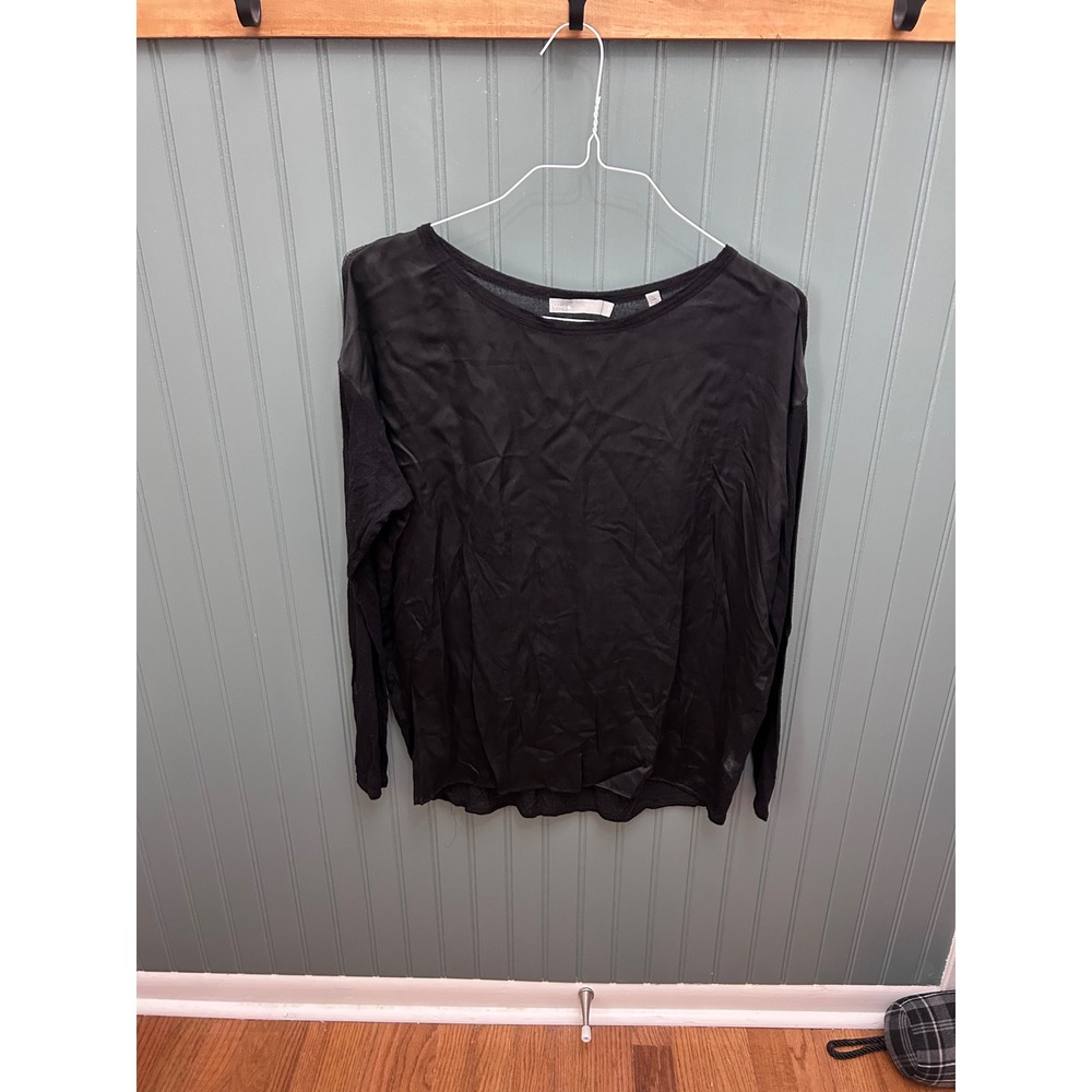 Vince Womens Black Silk Mixed Media Long Sleeve Knit Back Blouse Top Medium
